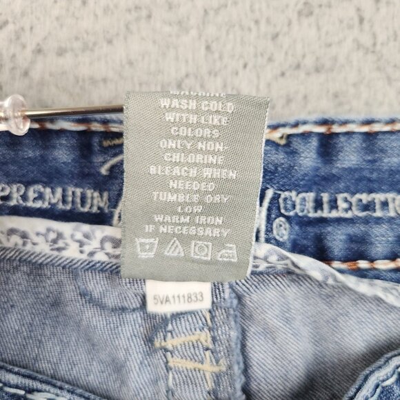 Y2K Vanity Jeans Womens 31x33 Blue Flared Low Rise Whiskered Fleur De Lis Pocket - Picture 9 of 12